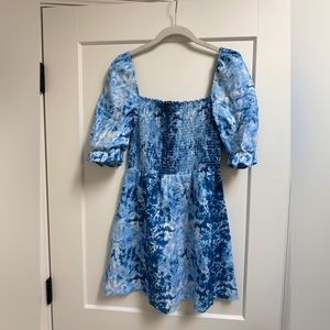 Reformation, tie dye smocked linen dress.